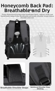 Detail of honeycomb breathable back padding and reinforced straps on black backpack