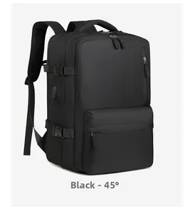 Side 45-degree view of black travel backpack with multi-layer zippers and side buckles