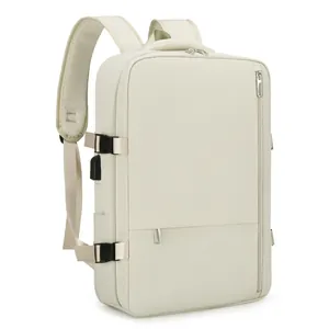 Large capacity waterproof travel backpack in beige with USB port and ergonomic straps