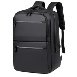 Waterproof black business backpack with USB charging port and multi-layer storage compartments