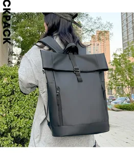Rear view of a black roll-top waterproof laptop backpack for outdoor urban commuting