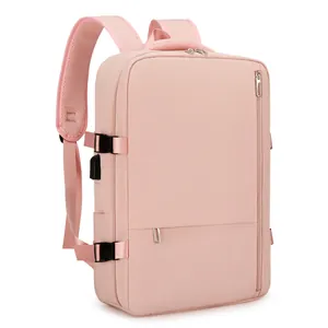 Large capacity light pink travel backpack with USB charging port and waterproof nylon fabric