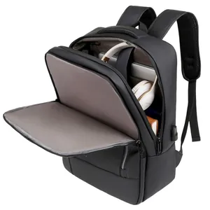 Waterproof black business laptop backpack with USB port and multi-compartment storage