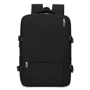 Black large capacity travel backpack with multiple compartments and side compression straps