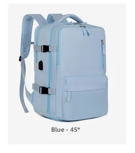 Side view of large light blue travel backpack with USB port and multiple zippers