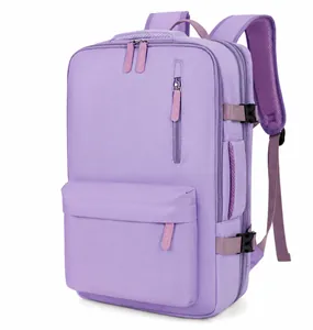 Detailed side view of lavender travel backpack showing adjustable buckles and mesh straps