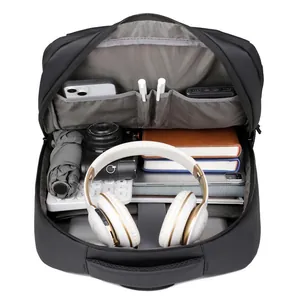 Business laptop backpack with USB port showing organized inner storage for tech gear