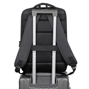 Waterproof black business backpack with breathable back padding and luggage strap