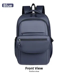 Front view of a dark blue waterproof nylon laptop backpack with multiple zipper pockets