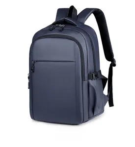 Side view showing the textured material and buckle of this navy blue laptop backpack