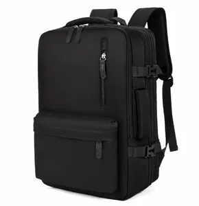 Detailed side view of black travel backpack showing water-resistant fabric and zippers