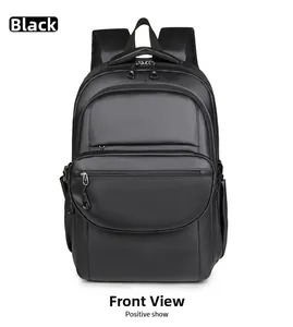 Front view of black waterproof business backpack with multi-layer zipper structure