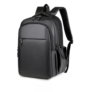 Macro view of water-resistant black business laptop backpack with side buckle detail