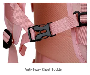 Close-up of pink travel backpack showing the adjustable anti-sway chest buckle detail