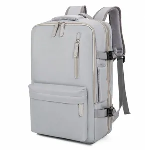 Detailed side view of light blue travel laptop backpack with reinforced side buckles