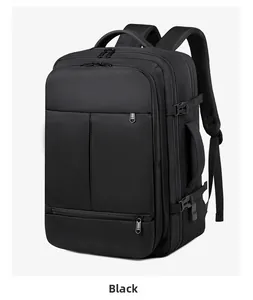 Detail view of the multi-layered zipper compartments and side buckles on a black backpack