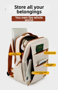 Detail view of laptop backpack interior compartments with tech gadgets and brown accents