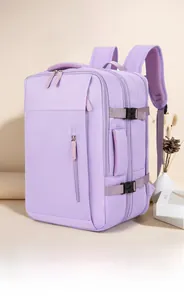 Detail view of purple expandable travel backpack showing padded mesh straps and side buckle