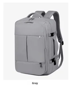 Side view detail of grey multifunctional business laptop backpack with adjustable buckles