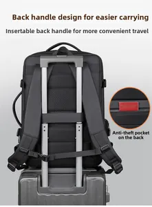 Black travel backpack with luggage strap and hidden anti-theft back pocket feature