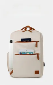 Detail view of large capacity beige canvas backpack with multi-pocket storage layout
