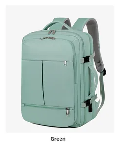 Detail showing mint green travel backpack with breathable mesh straps and reinforced handle