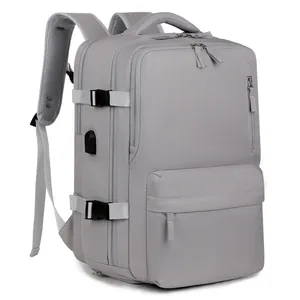 Light grey large capacity travel backpack with USB charging port and multi-compartment design