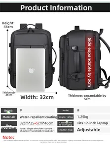 Detail of 46x32cm black travel backpack with 5cm expandable side for extra capacity