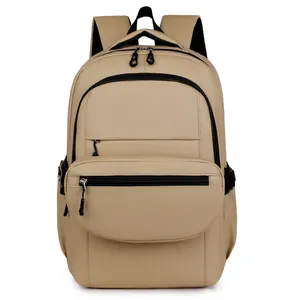 Minimalist khaki high-capacity backpack for students with a front zipper pocket