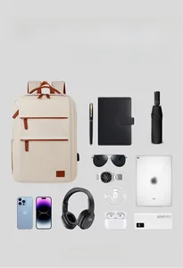Layout showing beige commuter backpack capacity with laptop, tablet, and travel essentials