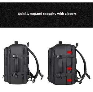 Detail showing the quick expansion zipper system on a black travel backpack