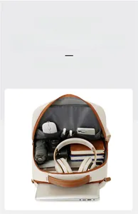Macro top view of organized inner compartments showing laptop, camera and daily items