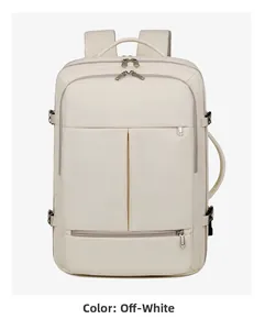 Detail view of the multi-compartment beige nylon backpack with durable buckles and handles