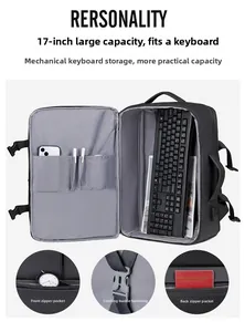 Detail of 17 inch travel backpack featuring spacious main compartment and USB charging port