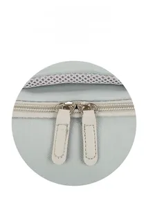 Detail of dual leather-textured zipper pulls on a gray-green backpack with mesh pocket