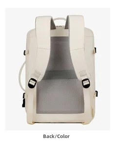 Detail of breathable honeycomb back panel and trolley sleeve on beige business backpack
