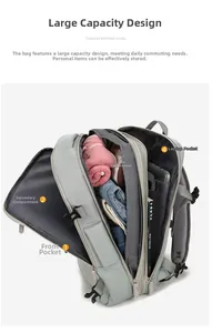 Detail view of the multi-compartment travel backpack showing organized interior storage