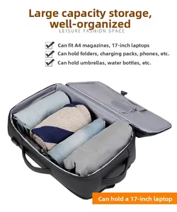 Detail showing spacious main compartment of the black travel backpack for 17 inch laptop