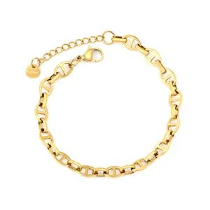Polished golden stainless steel anchor chain bracelet with lobster clasp and round tag
