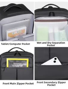 Detail of expandable travel backpack with laptop sleeve and wet dry storage sections