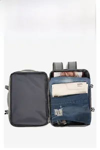 Detail of the 180-degree flat opening backpack showing spacious multi-layer storage capacity
