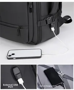 Detail of travel backpack with external USB port and internal charging connection point