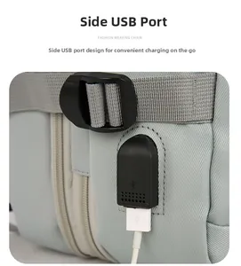 Detail of travel backpack with side USB charging port and integrated white cable