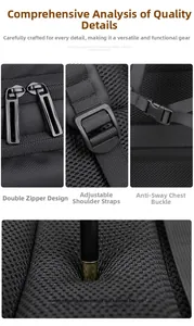 Detail of dual zippers, adjustable straps, chest buckle and breathable mesh back panel
