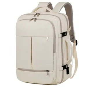Creamy white multi-functional business backpack with ergonomic padded straps shown in side view