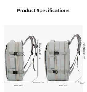 Travel backpack side view showing expandable depth capacity from 17cm to 25cm