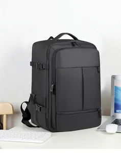 Macro view of multi-compartment black business travel backpack with durable buckles