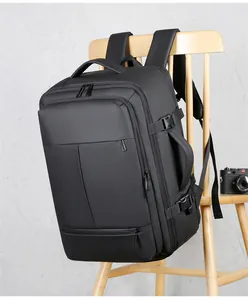 Detailed side view of black expandable travel backpack with reinforced side buckle and handle