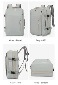 Multi-angle view of grey travel backpack showing front, side, bottom and 45-degree angle