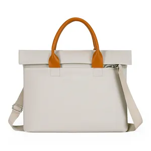 Minimalist beige 15.6 inch laptop briefcase with contrast brown handles and shoulder strap